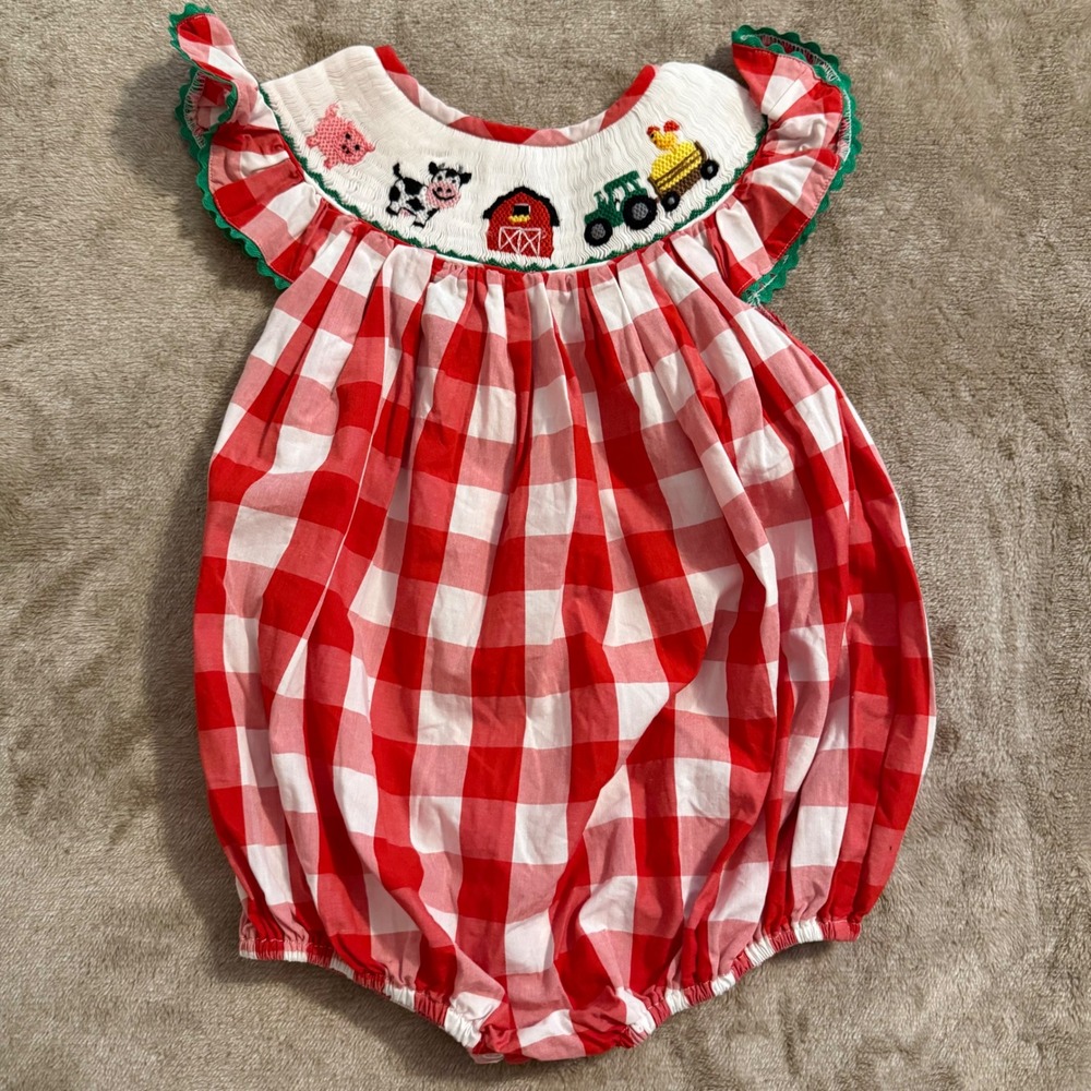 Babeeni Girls Red Gingham Farm Smocked Bubble Romper Barn Cow Tractor Size 2